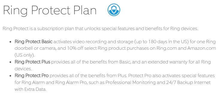 The Ring website explaining the differences between the Ring Protect plans