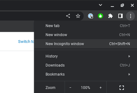 Opsi untuk membuka jendela pribadi baru di Chrome