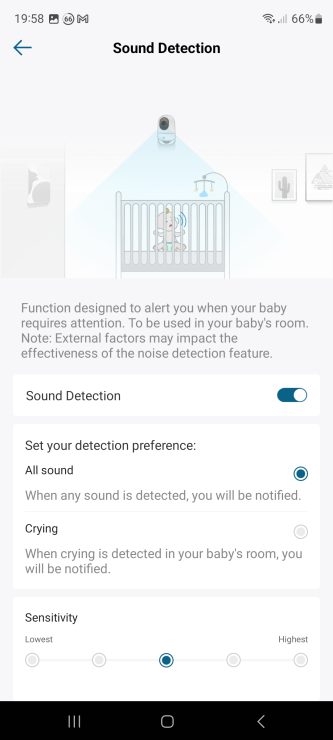 Eufy sound detection features including sensitivity levels and what sounds to trigger on