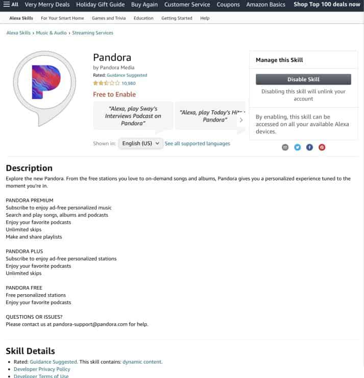 Pandora Skill on Amazon.Com