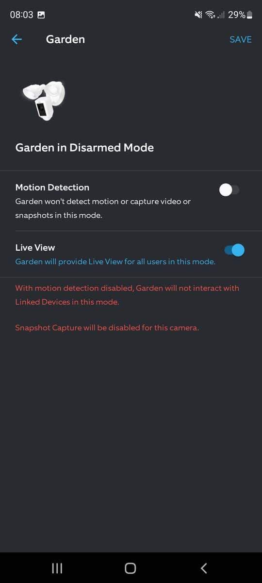 Setting a specific camera to not record motion when in disarmed mode