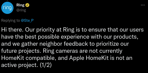 The Ring tweet which finally said that HomeKit support was cancelled