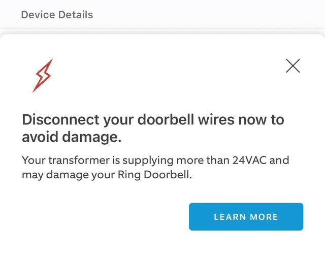 The in app warning from Ring when your doorbell has too many volts