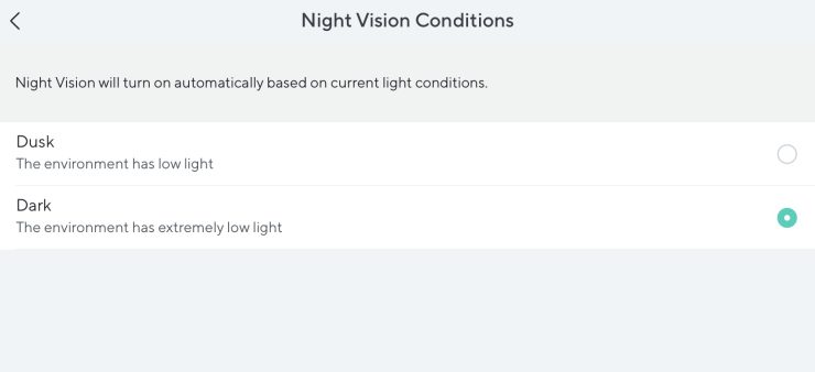 Night Vision Conditions in the Wyze app