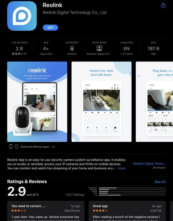 Reolink app in the App Store
