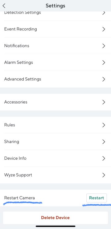 Restart Camera in the Wyze App settings