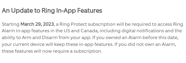 Ring help pages saying that a subscription will be required to change modes going forward