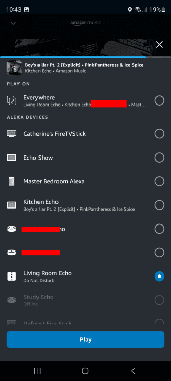 The Alexa app giving various options for where the current song can be transferred to