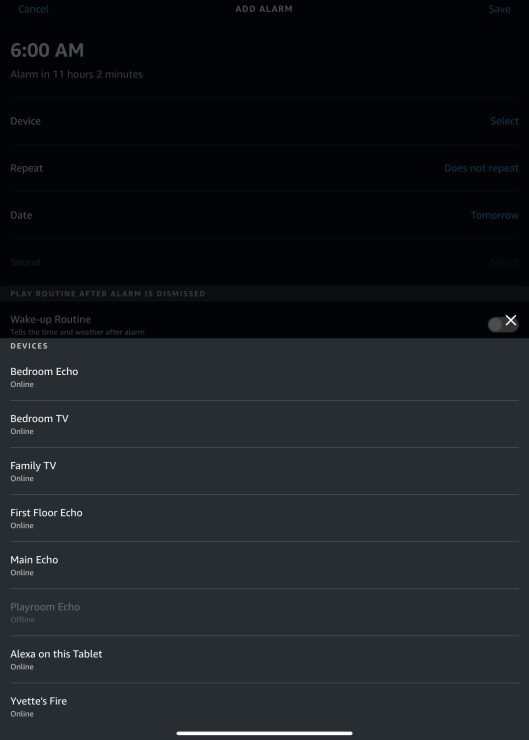 Choosing Echo device for Alarm in the Alexa app