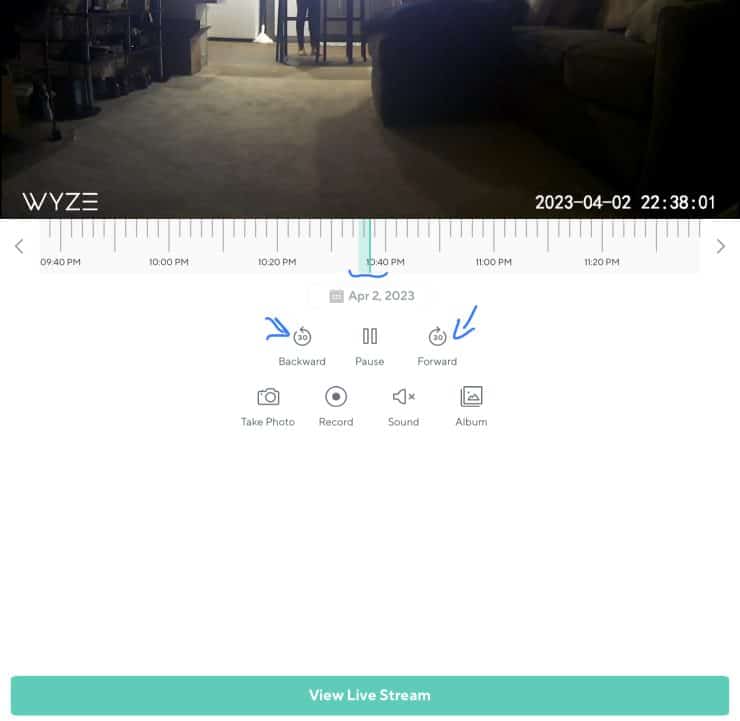 Different controls for microSD card playback in the Wyze app