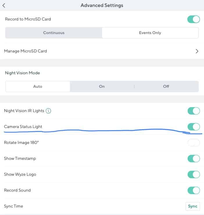 Where to make sure camera status light is on in the Wyze app