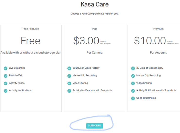 Kasa Care Plans Pricing