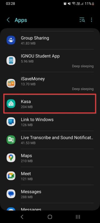 Select the Kasa app from the list of apps