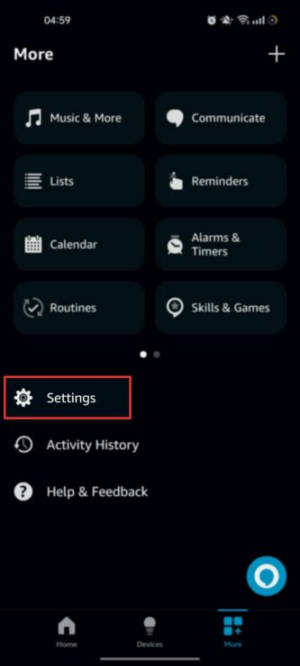 Select Settings on Alexa App