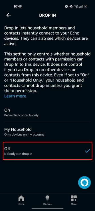 Select Off to prevent your Echo device from being used as a two-way intercom