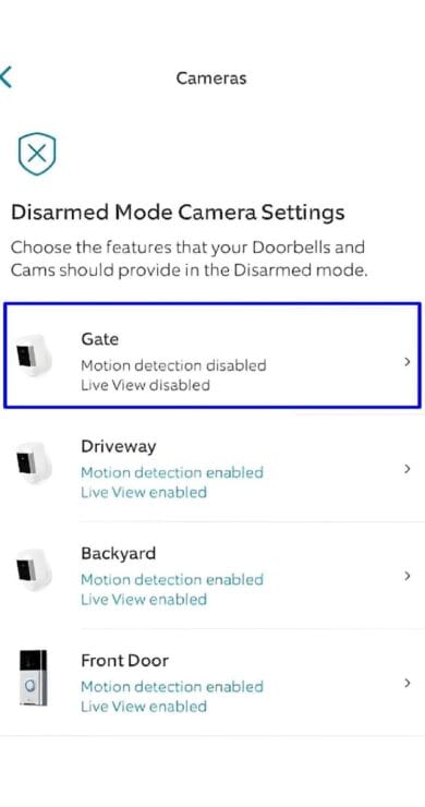 Disarmed mode camera settings
